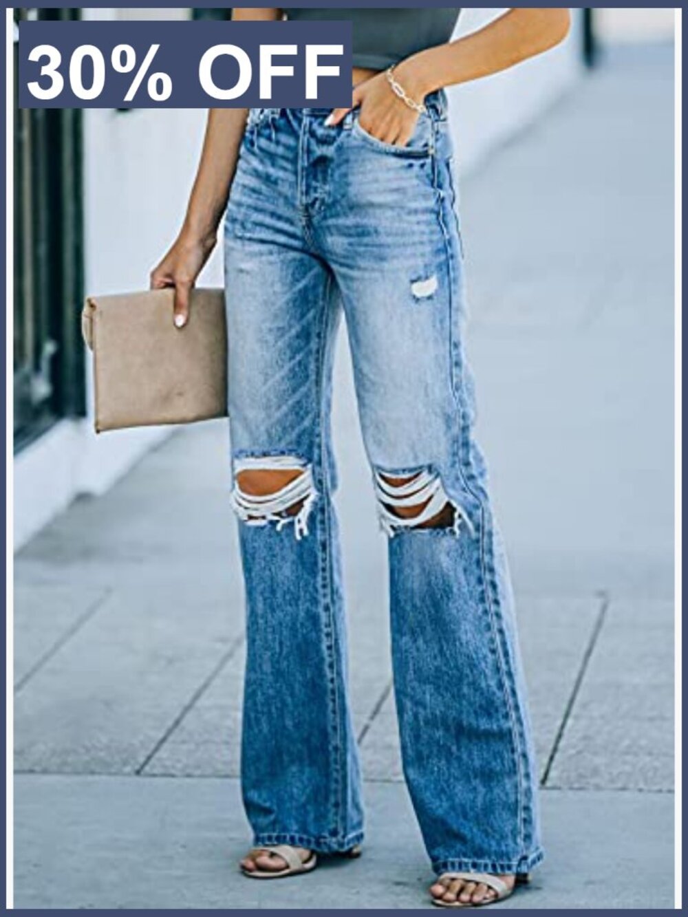 High Waisted Ripped Wide Leg Jeans Distressed Denim Pants Women - Picture 3 of 4